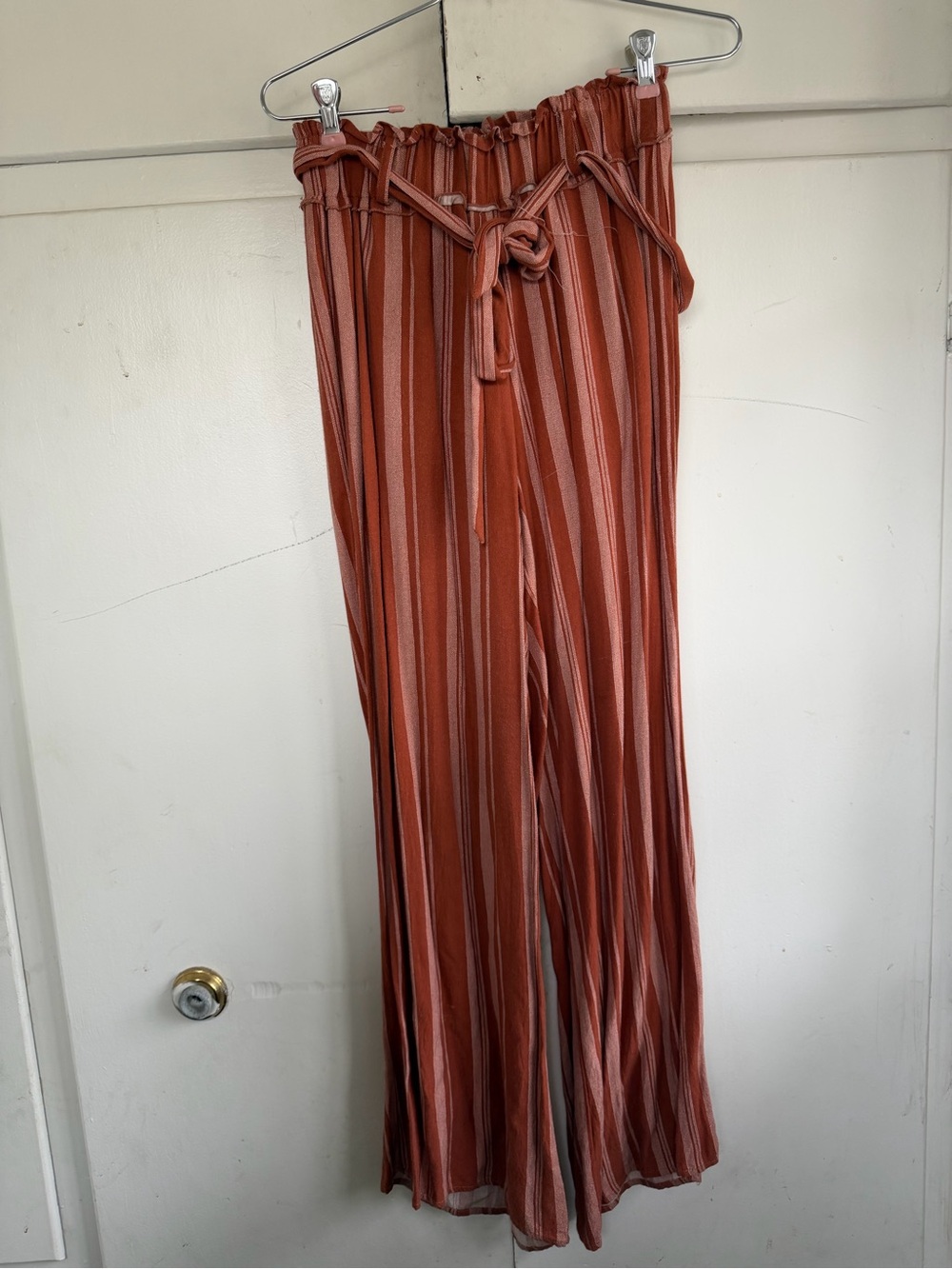 Striped Wide-Leg Paperbag Waist Pants - Rust